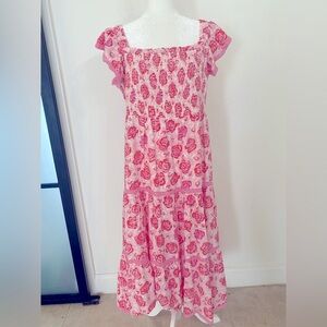 Sail to Sable Smocked Midi Dress Pink Rose Print Sz L NWOT